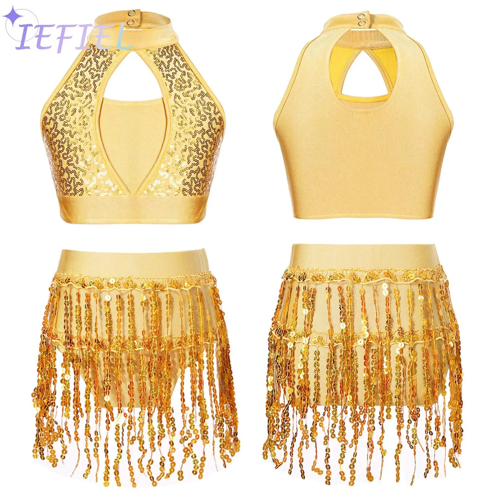 Kids Jazz Latin Samba Stage Performance Dance Costume Girls Hollow Halter Dancewear Sequin Tassel Dance Outfit 2-Piece Set