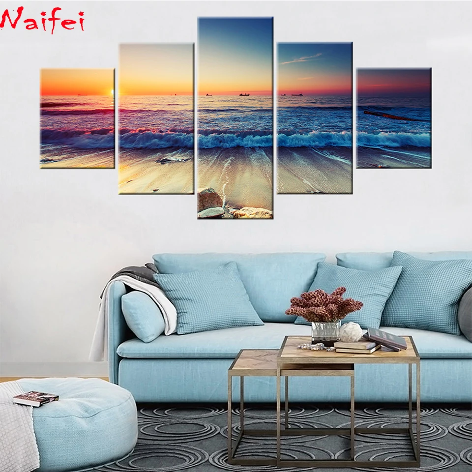 

diamond Painting 5 Piece Sunset Beach Seascape Wall Art Diamond Embroidery DIY Mosaic Full square round Drill Decoration Home