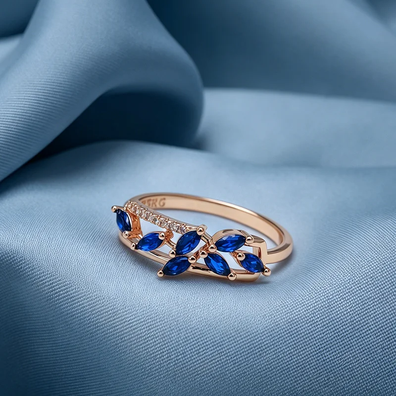 Kinel Hot Blue Natural Zircon Ring for Women Trendy 585 Rose Gold Leaf Ring Romantic Vintage Wedding Jewelry Fashion 2026