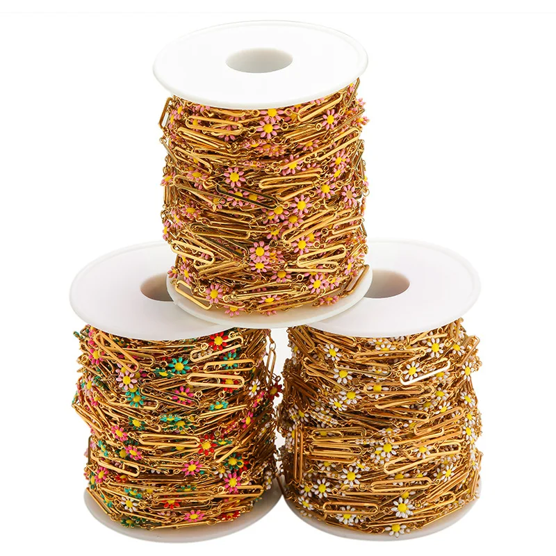 

1 Meter Stainless Steel Enamel Flowers Long Buckle Gold Color Flat Chains for Necklace Bracelet Findings DIY Jewelry Making