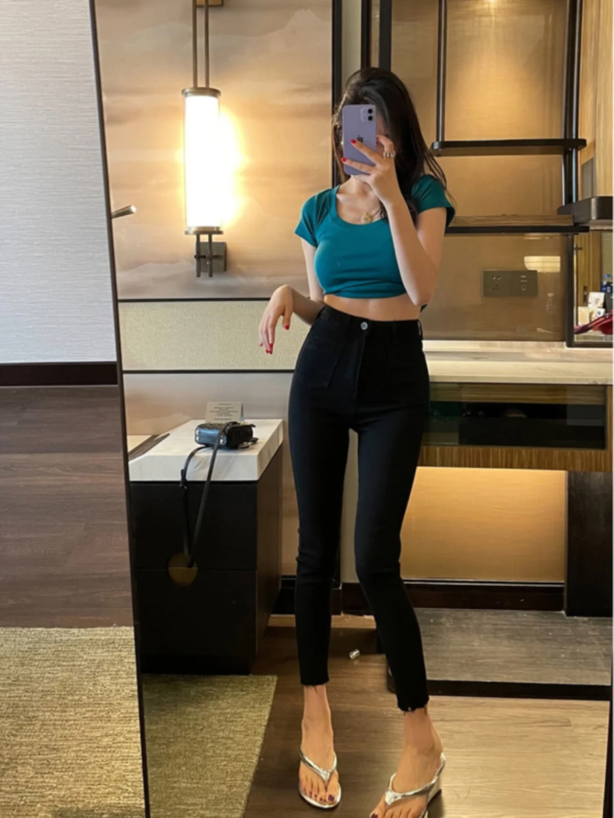 

High Waist Double ket Denim Jeans Women's Korean Sle Spring Faion Slimming Elastic Pencil Nine Point Trendy Pants