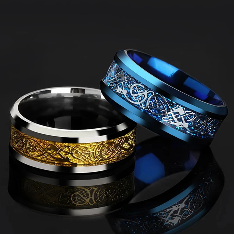 Fashion Man Ring Gold Blue Carbon Fiber Gold Dragon Inlay Comfort Fit Stainless Steel Rings for Men Wedding Band Ring Wholesale