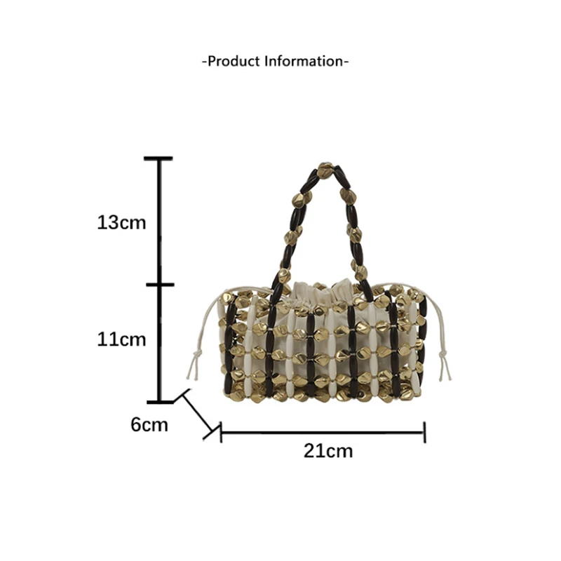 Ausgehöhlte Holzperlen-Handtasche mit gewebtem Obergriff und Canvas-Innentasche mit Kordelzug, koreanische leichte schicke Strandtasche für Damen – Detail 1
