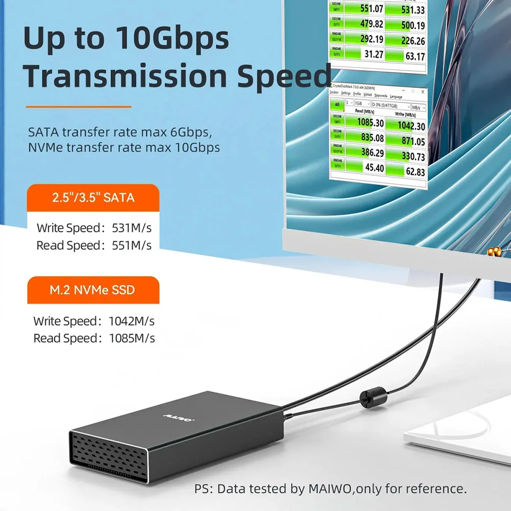 Imagem -02 - Maiwo-dual Bay Docking Station Nvme Case Hdd Sata Nvme Docking Station Gabinete Clone Offline Max 10gbps 22tb Hdd Sdd Box