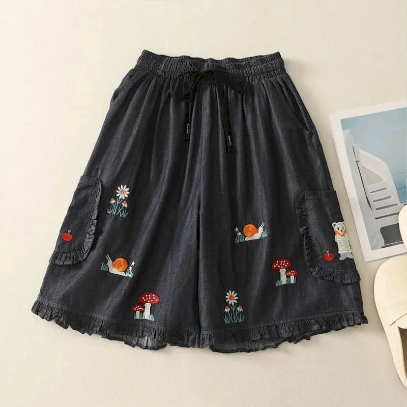 Denim Shorts Women Summer Wear Vintage Drawstring Elastic Waist Ruffle Wide Leg Pants Casual Loose Jean Shorts Women Clothing