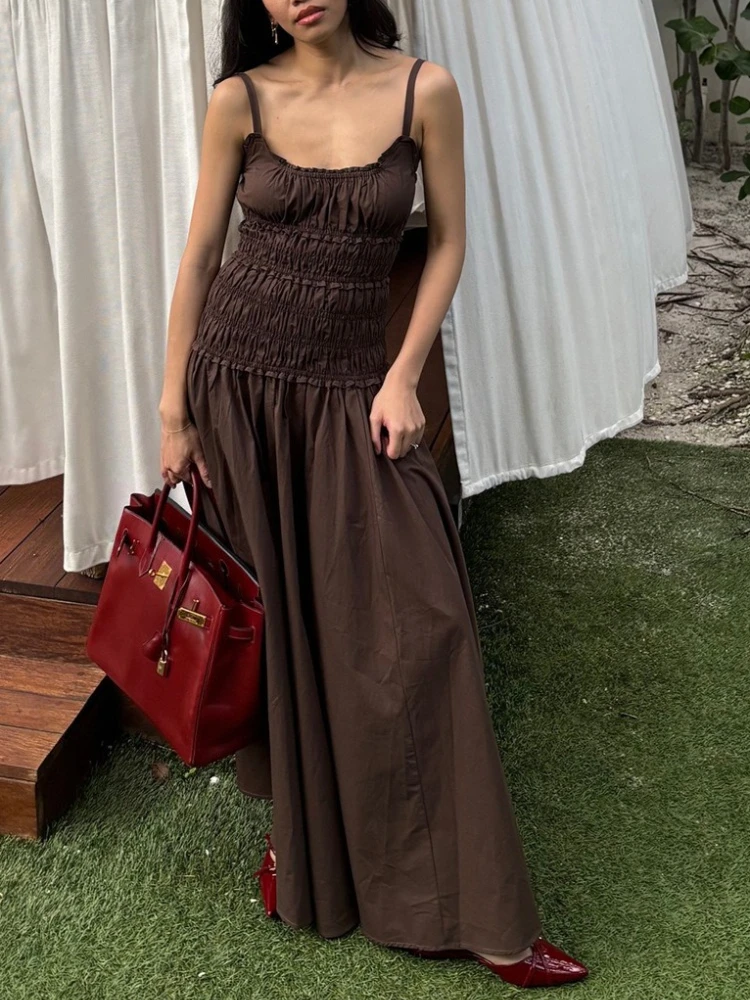 

Tossy White Camisole Shirring Long Dress Women Slim Solid Sleeveless Casual High-Waist Pleats Streetwear New Female Maxi Dresss