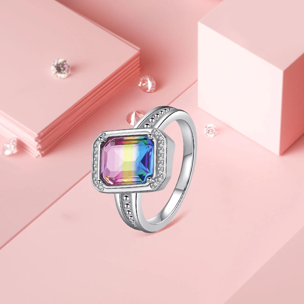 925 Sterling Silver Ring Blue & Rainbow Gemstone Ring Fashion Butterfly Style For Lady Friends Jewelry Accessories Party Gifts