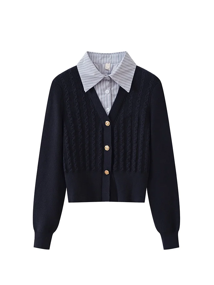 

Faionable ort Knitted Sweater Fake Two-Piece Sle Women's Autumn Spring New Arrival Slim Fit Collar Single Button C...