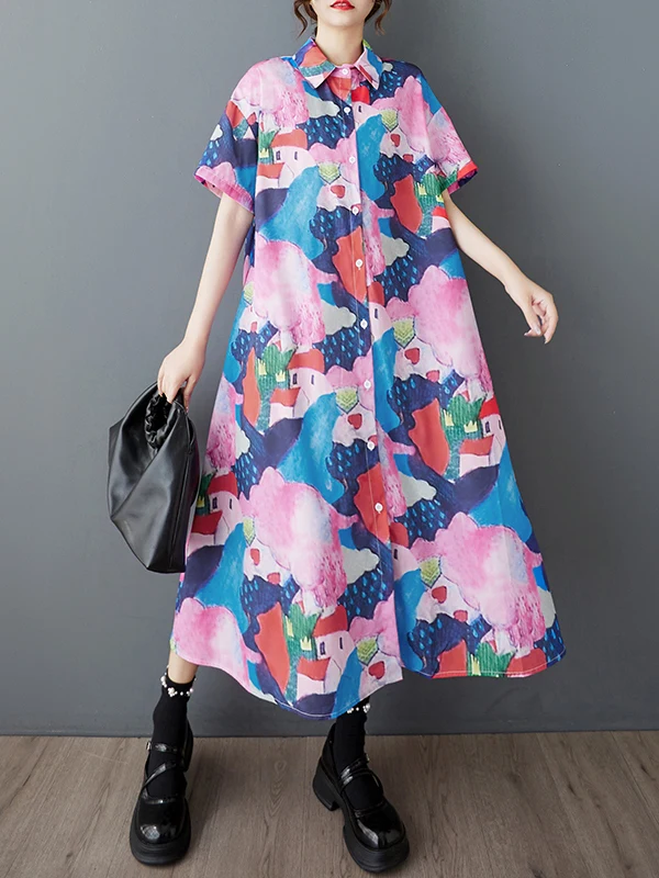 한국 슬레 플러스 사이즈 여성 여름 신상 루즈핏 패션 프린트 슬리밍 고급 롱 셔츠 캐주얼 칼라