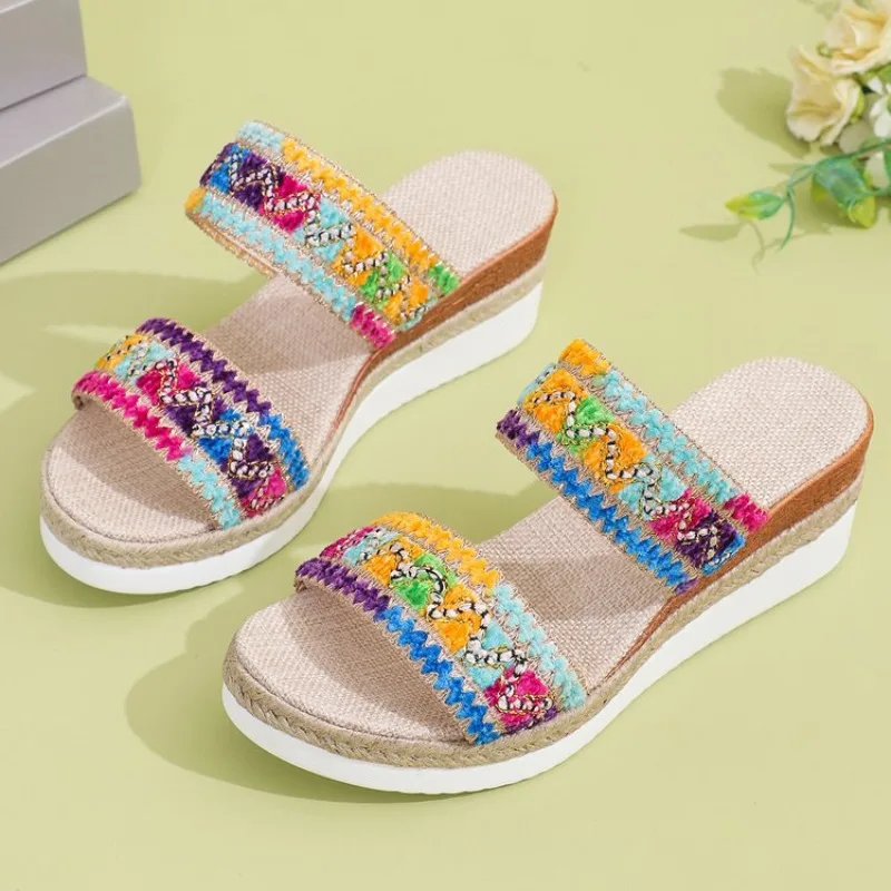 

European and American Style 2025 New Hemp Rope Woven Side Slope and Slippers Women's Thick Sole Straight Strap