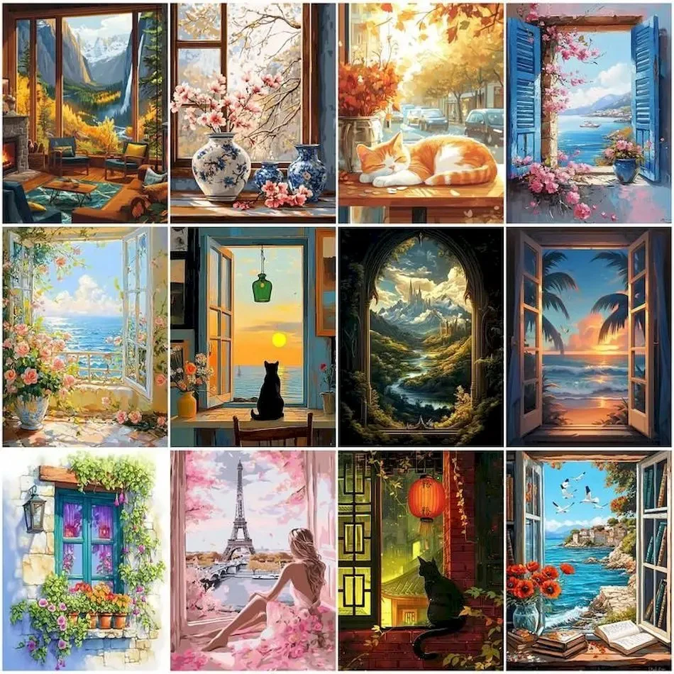 Ölgemälde nach Zahlen, Fensterbank-Landschaft, Kunstwerk zum Ausmalen für Erwachsene, Kunstbedarf, personalisiertes Geschenk, handgefertigt, digital