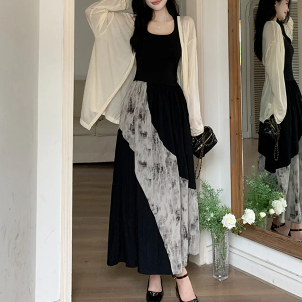 Zomer Dunne Zonwering Vest Dr Tweedelige Set Hoge Taille Print Splitsen Taille-Knijpen ket Lange Rok Koreaanse Sle C...