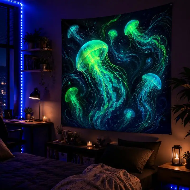 Neon Psychedelic Ocean Tapestry Jellyfish Fluorescent Wall Hanging Bedroom Dorm Party Home Decor