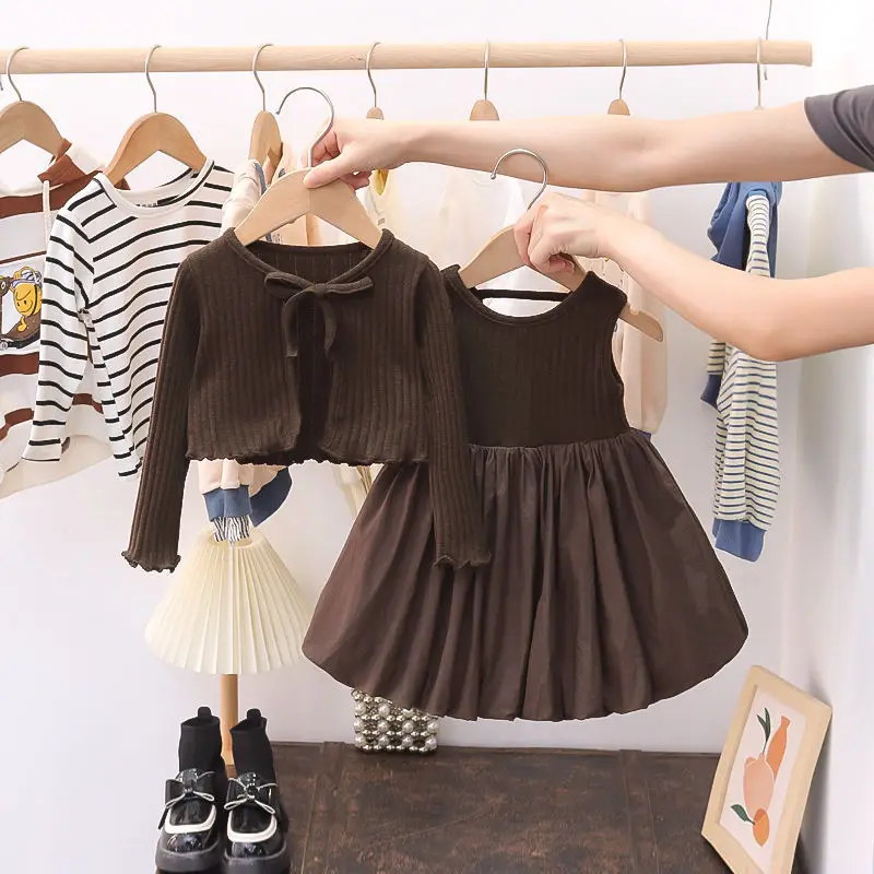 Girls Casual Dresses Long Sleeve Knit Cardigan & Flower Skirt Dress for Girls Cute Pompadour Style Kids' Outfit