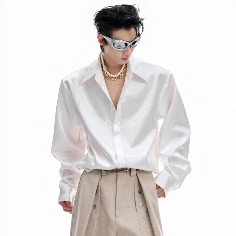 Men's 2025 Autumn New Solid Color Silk Satin Shirts Fine Flash Hot Diamond Shirt Elegant Loose Trendy Versatile Cotton Chic Tops