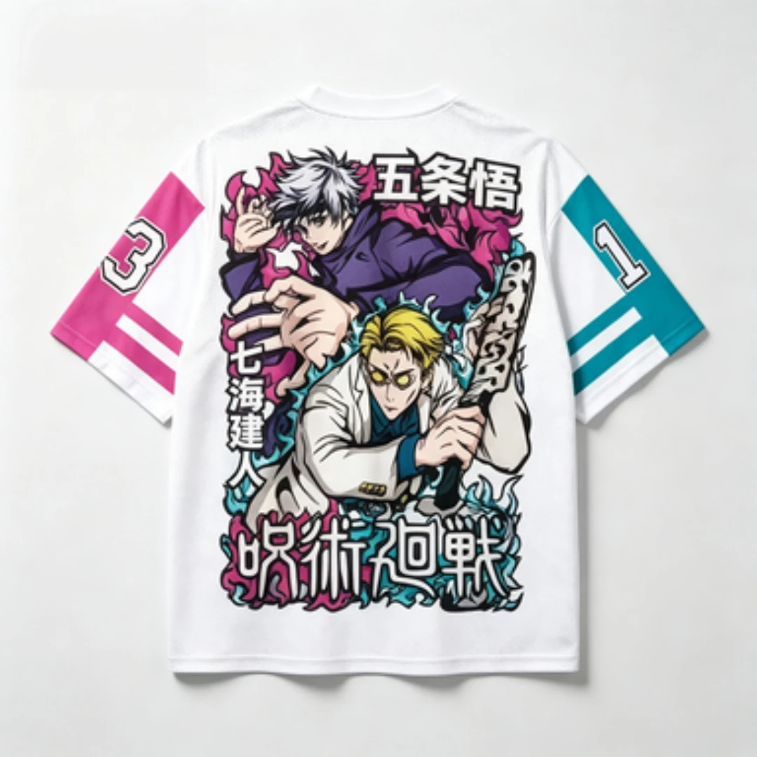 Jujutsu Gojo Gojo and Seven Seas Builder Printed V-neck Mesh Jujutsu Halo Flame Pattern Sports Loose T-shirt