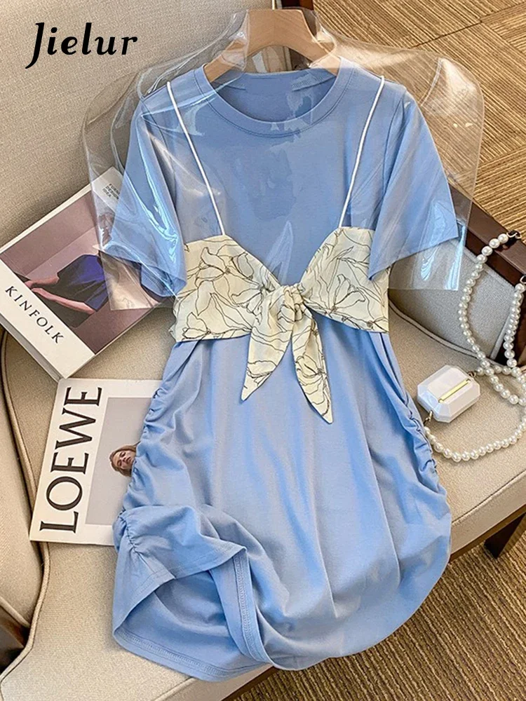 

Jielur Summer New French Ladies Dresses Sweet Slim Elegant Strapless Two Piece Women Dress Grey Blue Baisc O-Neck Dress Female