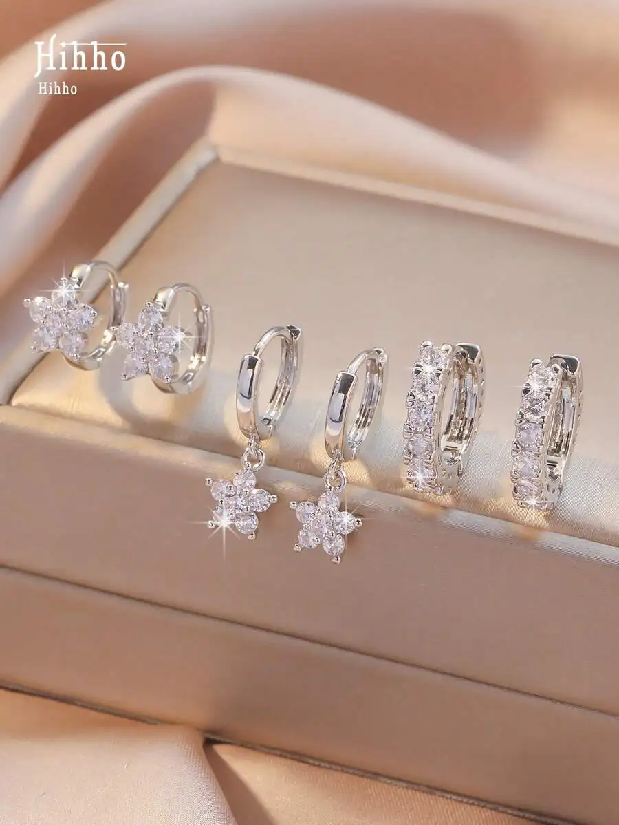 

Набор из 6 блестящих серег-колье с подвесками в виде цветов и полной инкрустацией цирконием для женщин