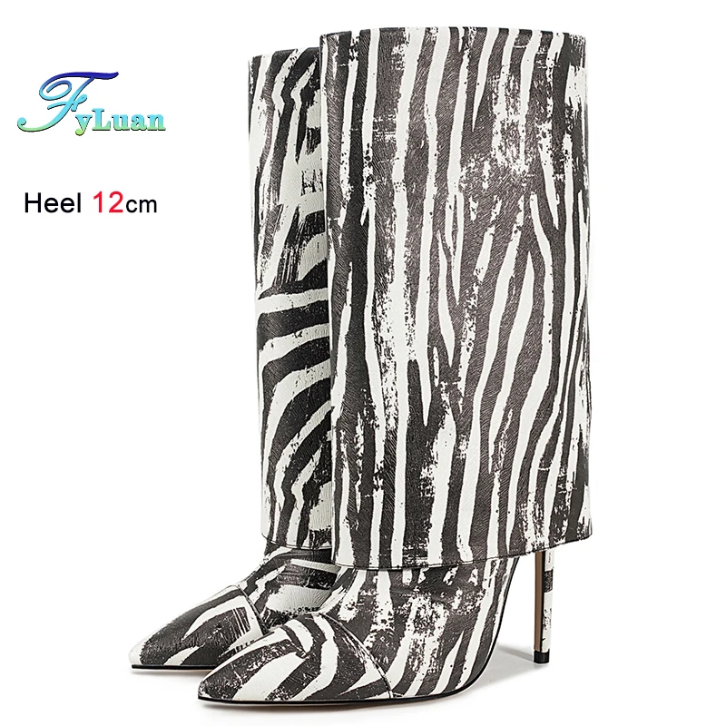 

Autumn Winter White Black Zebra Pattern Women's Knight Boots Thin High Heels 12cm Pointed Toe Ladies Knee High Boots Size 35-46