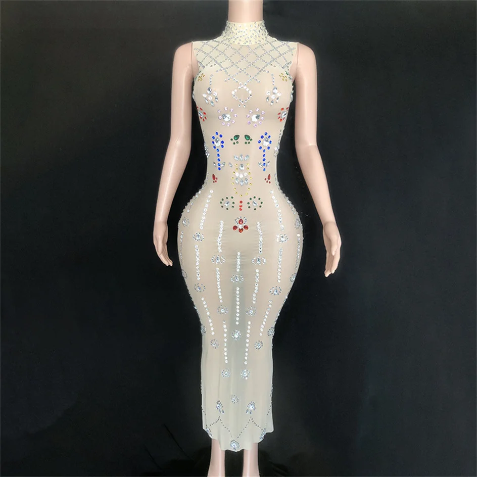 

Colorful Rhinestones Sexy See Through Slit Sheath Dress Evening Party Performance Costume Bar Nightclub Singer Dancer Stage Wear