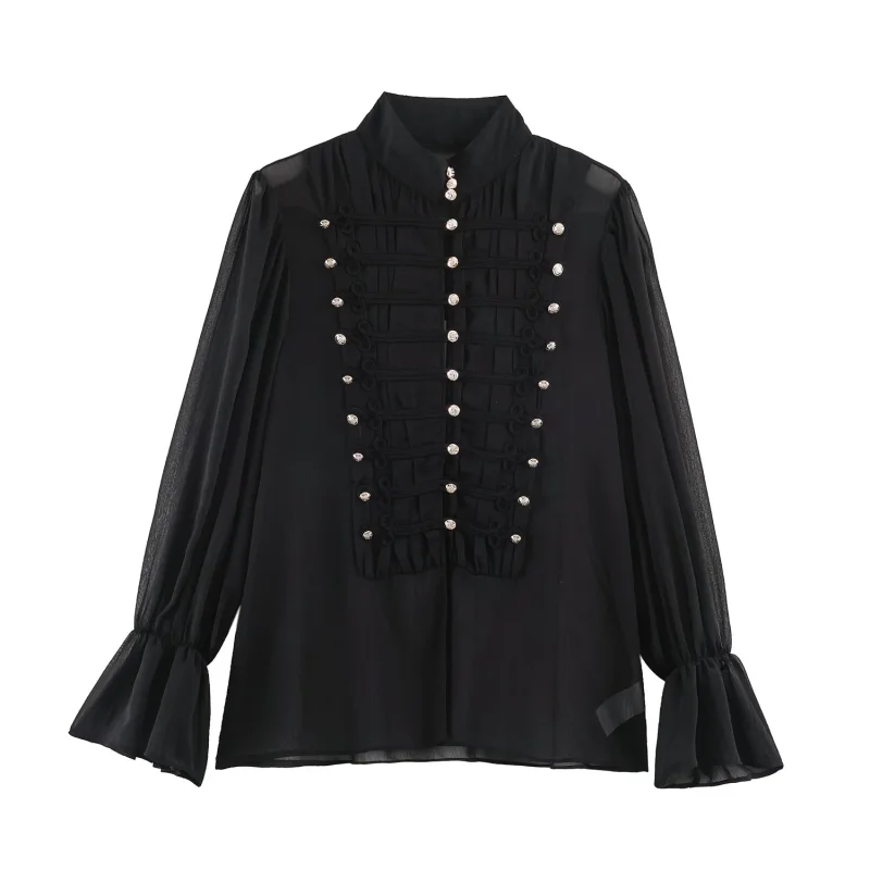 2026 Neue Kollektion Damenkleidung Rüschenbluse Luxuriöse Vintage-Style Hemden Langärmelige Hemden mit Trompetenärmeln Elegantes Abendhemd – Detail 26