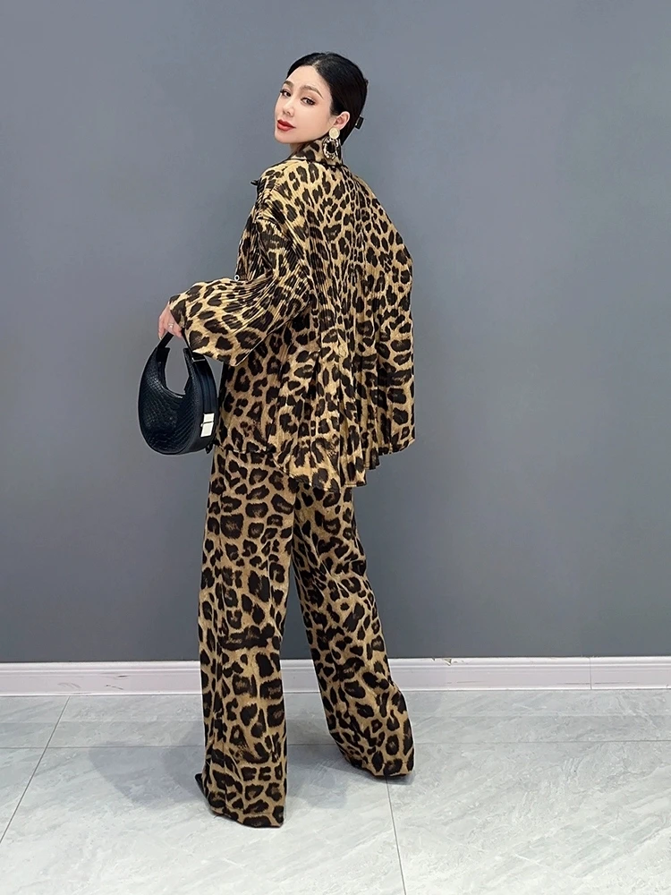 2024 Autumn New Korean Style Loose POLO Collar Shirt Casual Wide Leg Pants Leopard Print Drape Two-piece Set Women Clothing J568