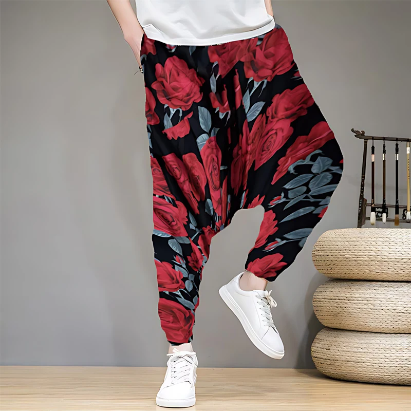 New men\'s harem pants with polyester rose print comfortable and breathable lantern fashionable and casual loose fitting