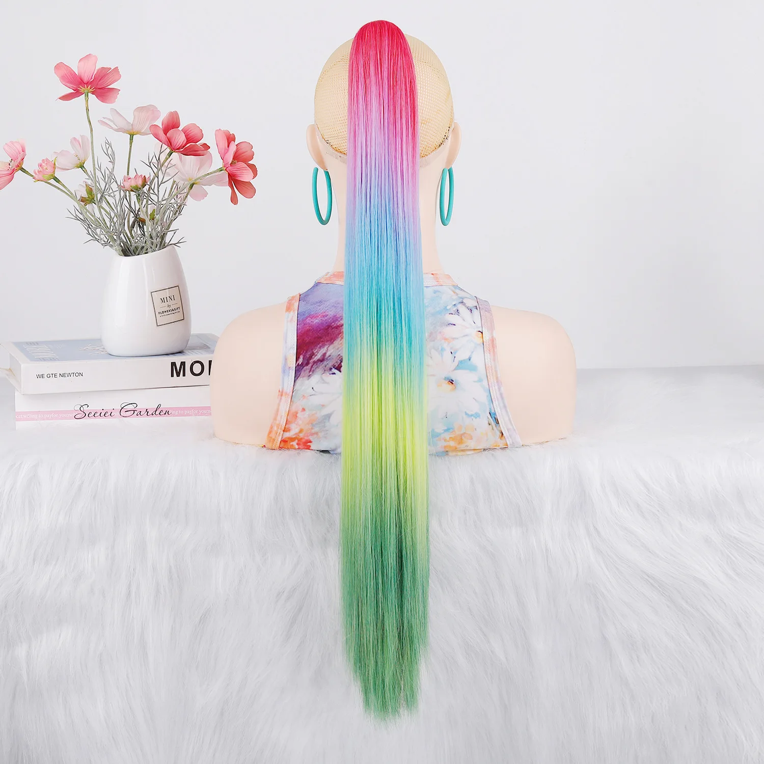 synthetic-gradient-color-five-tone-long-straight-hair-claw-clip-ponytail-wig-accessory-for-cosplay-parties-styling