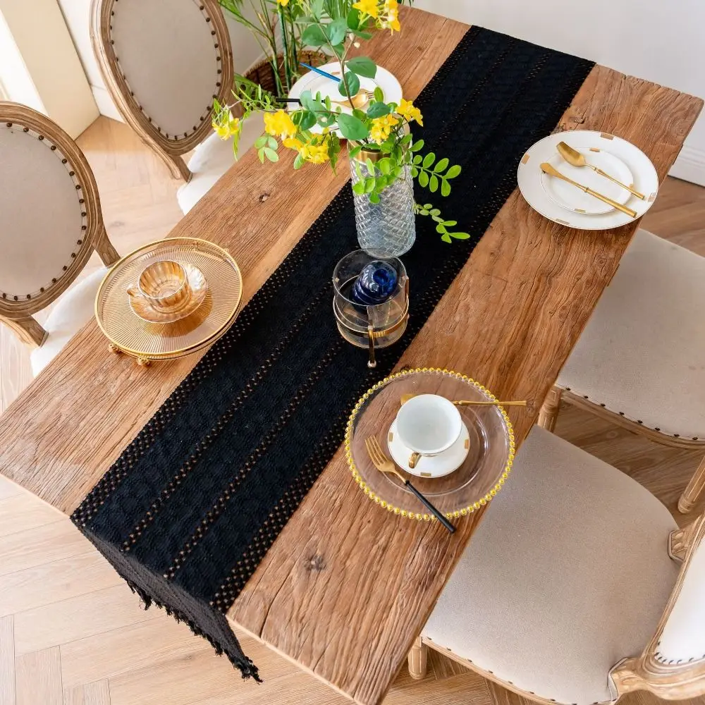 غطاء طاولة طعام مستطيل الشكل من القطن والكتان على الطراز الأمريكي مع شرابة بلون سادة #2