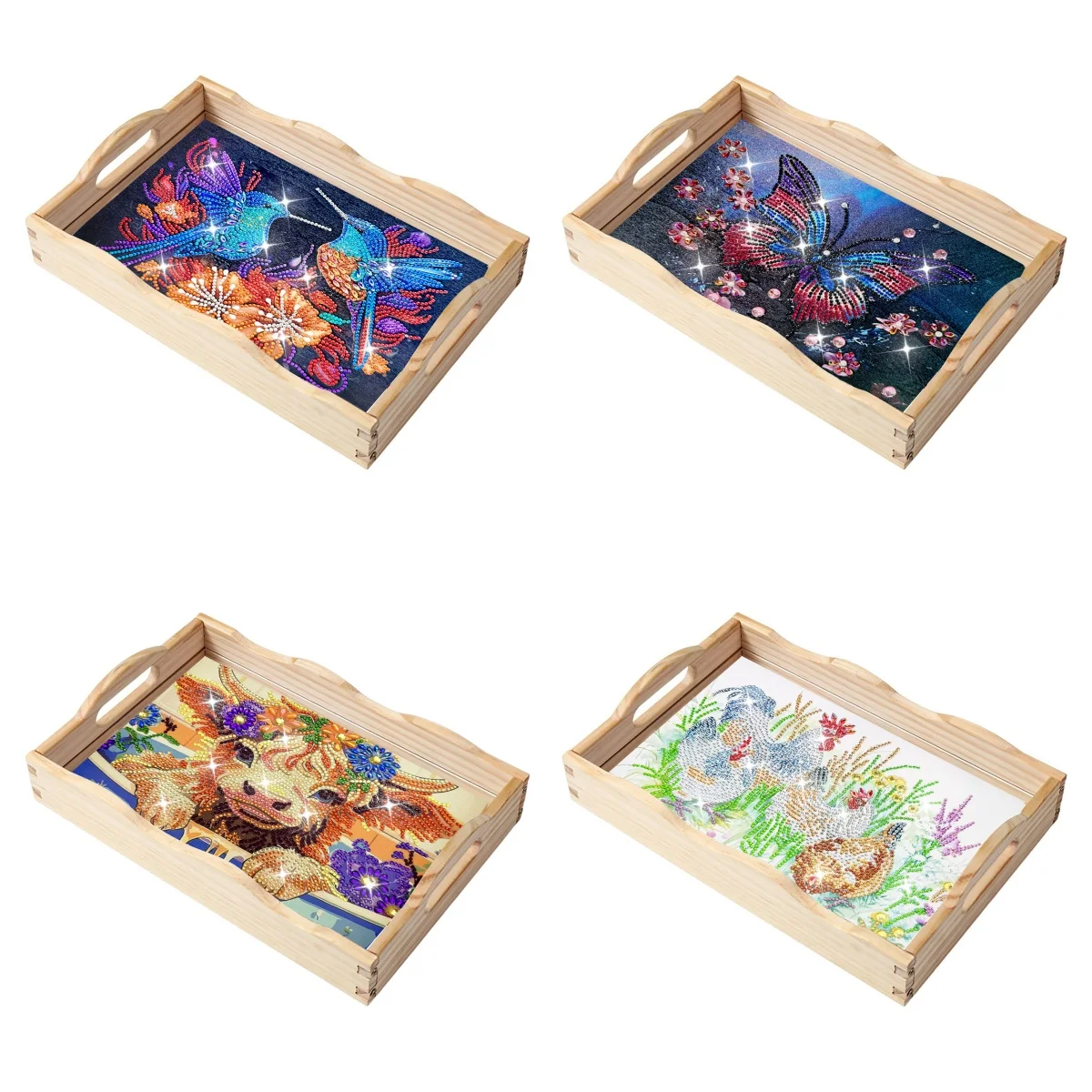 1 Juego de pintura de diamantes con bandeja cuadrada con patrón de animales DIY, equipado con una bandeja de tablero de pintura cuadrada de madera con asa