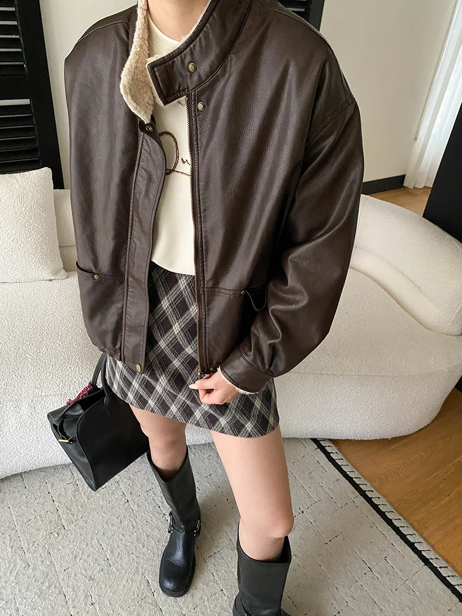 Veste décontractée à col montant pour femme, style moto américaine, avec veste en cuir épais en peluche