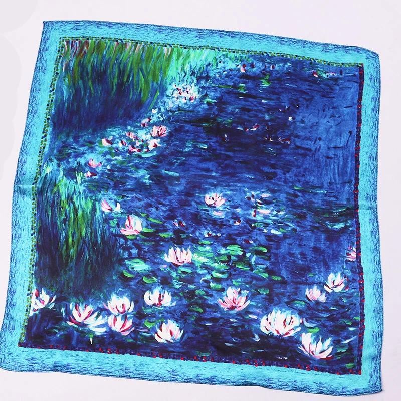 Brand 100% Natural Silk Women Scarf Claude Monet Oil Painting Water Lily Bandana Foulard Female Square Hair Scarves 53*53cm