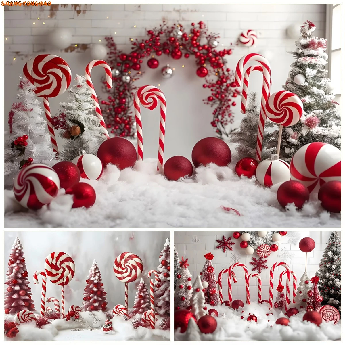 

Christmas Photography Backdrop Candy Cane Lollipop Xmas Tree Bells Red White Winter Baby Kids Portrait Photo Background Decor