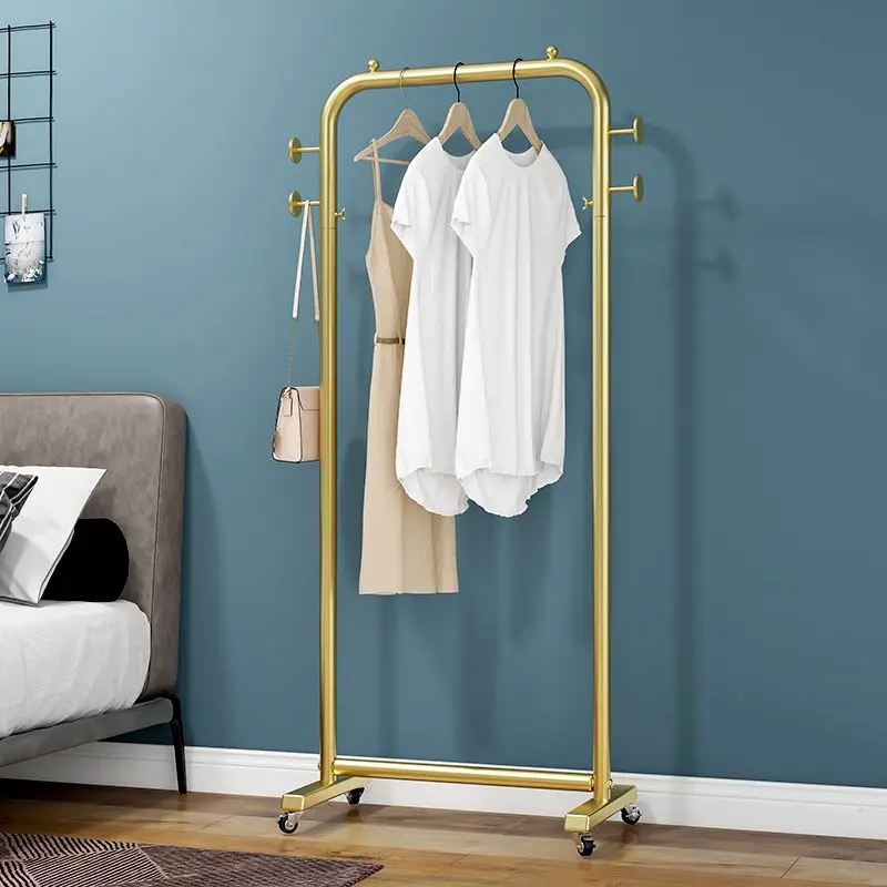 Light Luxury Nordic Multi Functional Clothes Hanger Floor Standing Mobile Coat Rack with Wheels Dress Suits Hanging Rod Storage