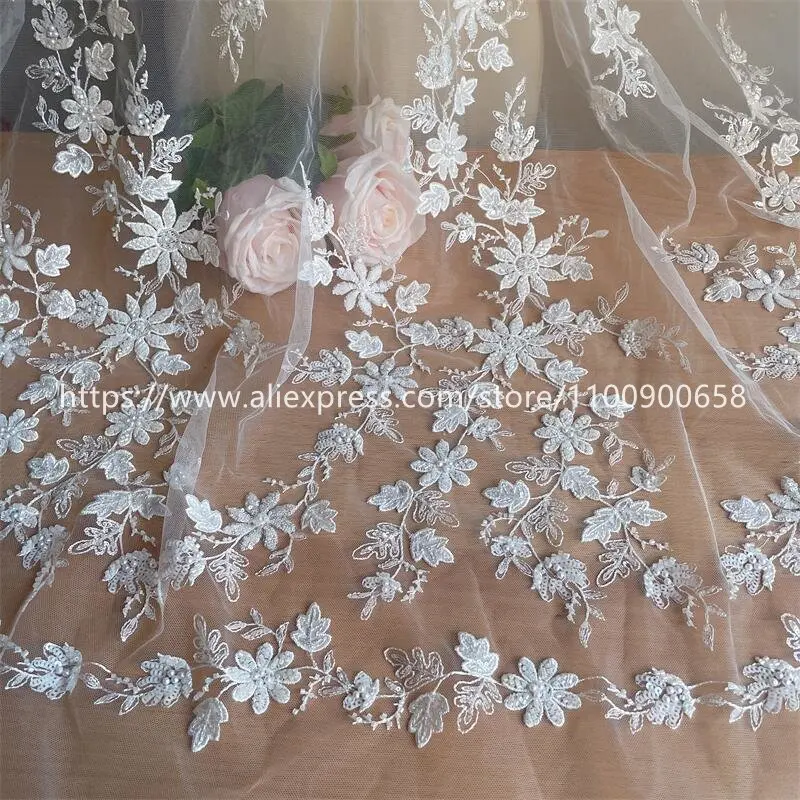 Embroidered Lace Fabric for Wedding Dress, 3D Flowers, Beaded Sequins, Small Flower Applique, Shining Bride, RS4073