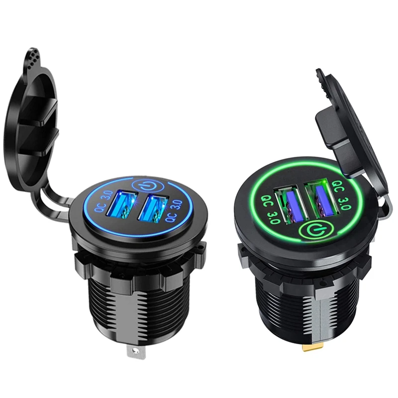 2Pcs Quick Charge 3.0 Dual Usb Car Charger 12V 36W Usb Fast Charger With Switch - Blue Light & Green Light