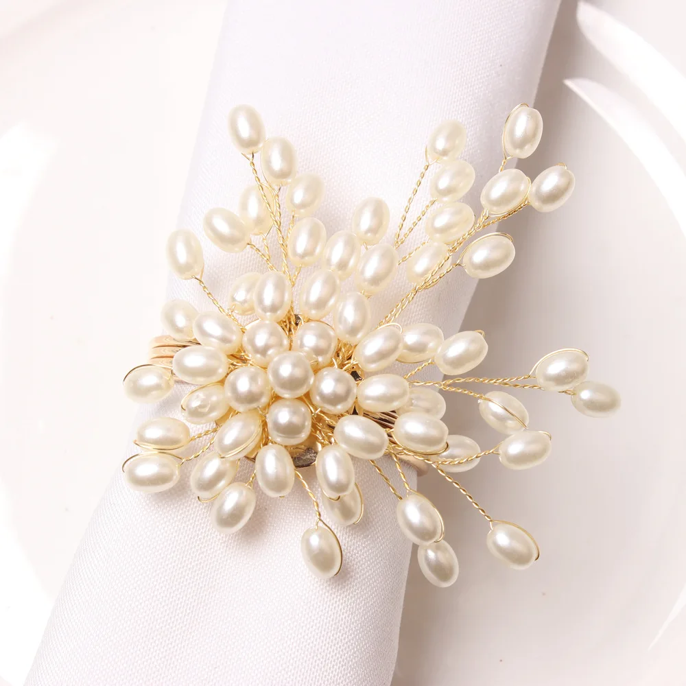 12pcs/lot White Pearl String Floral Napkin Ring Wedding Festive Party Napkin Holder Table Top Decoration Napkin Ring