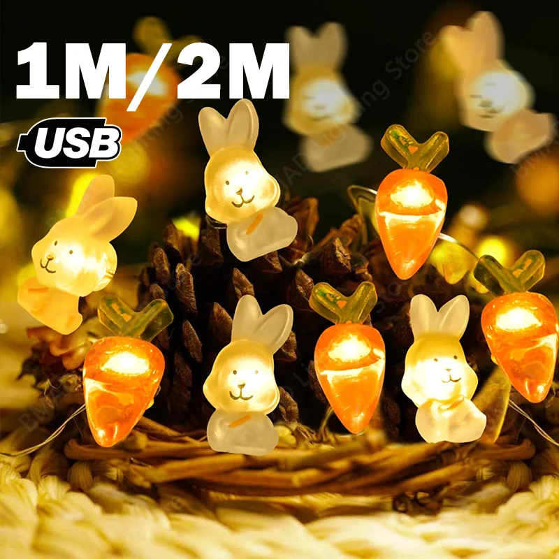 

1 м/2 м пасхальные светодиодные гирлянды с кроликом, гирлянды с морковью и кроликом, украшения дома, товары для вечеринок, подарки на Пасху для детей