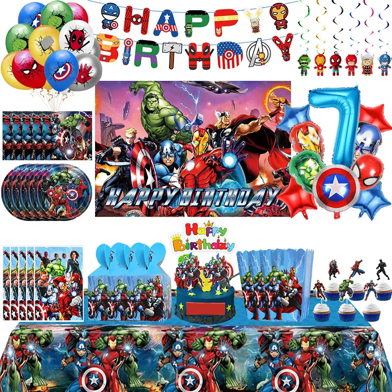 Ensemble de décorations pour fête d'anniversaire Marvel Avengers, gobelets, assiettes, ballons super-héros, sacs cadeaux, bannière joyeuse, fournitures pour enfants, cadeaux pour garçons