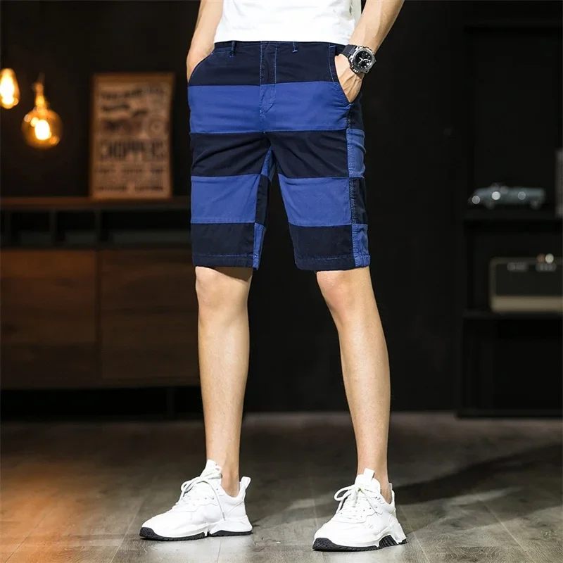 New Men's Summer Street Trend Personalized Patchwork Shorts Casual Shorts Youth Urban Business Versatile Striped Cargo Shorts