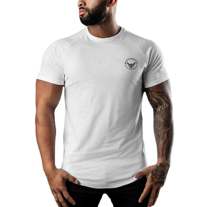 Mens Cotton Gym T-Shirts Raglan Sleeve Breathable Workout Tee Slim Fit Running Basketball Training Shirt Absorb Sweat Sports Top