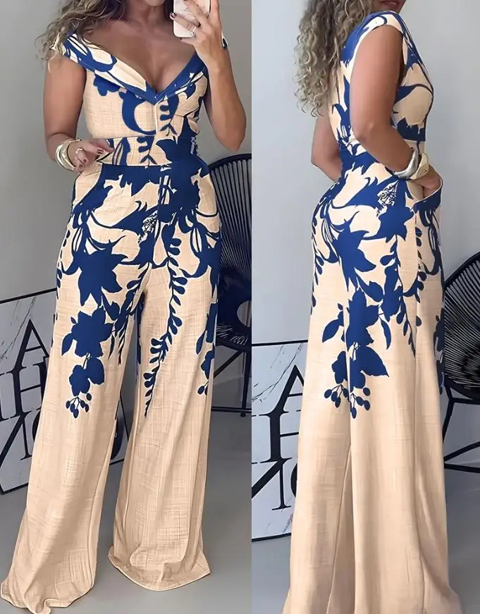 Women's Floral Print Plunge Casual Jumpsuit with Pocket Female One Shoulder Wear Summer New Woman Fashion Daily Long Jumpsuits
