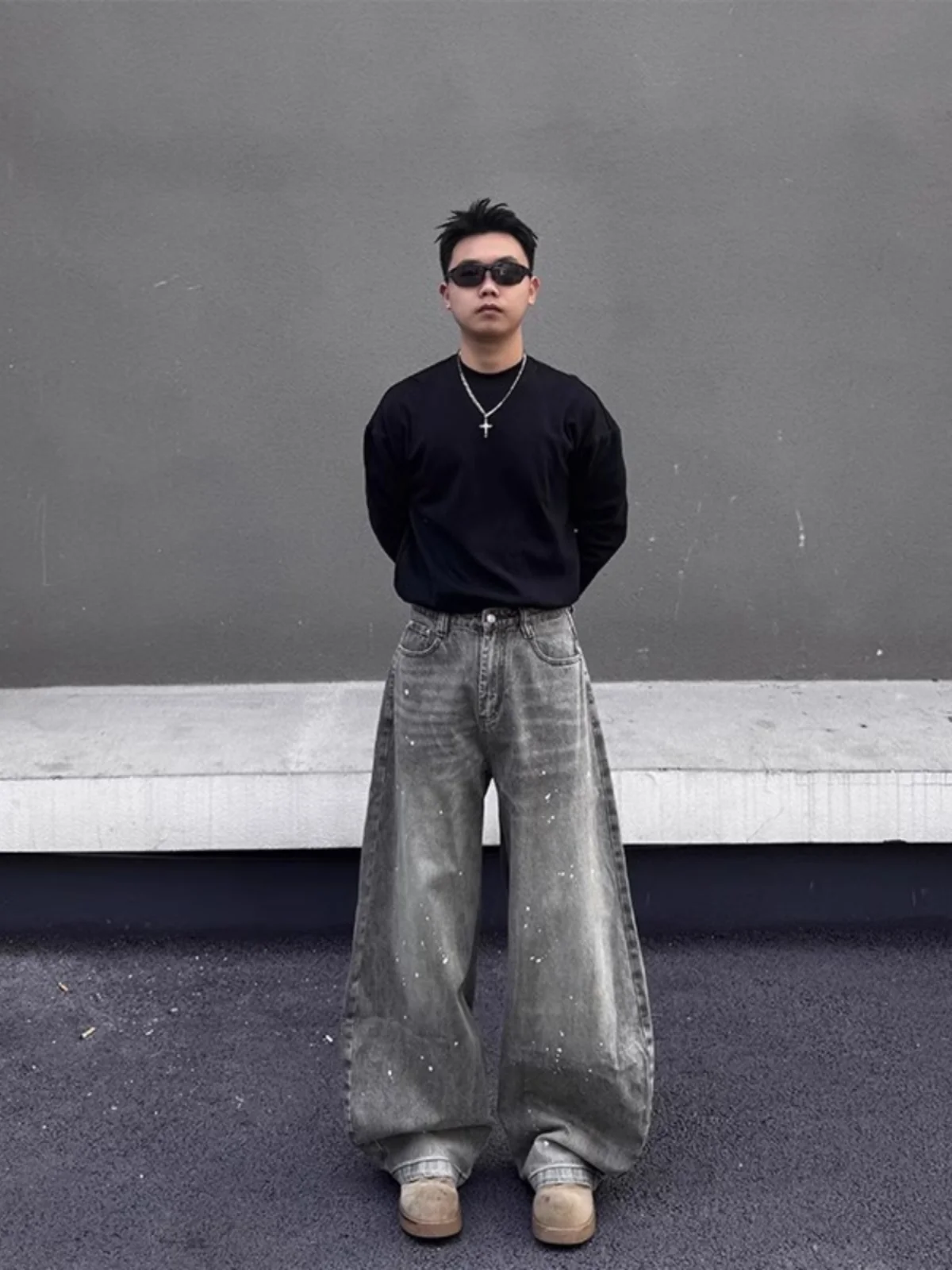 Retro American Distred Splaed Ink Baggy Jeans Loose Casual Men's Jeans Lazy Couple's Casual Pants Trendy Straight Leg Jeans