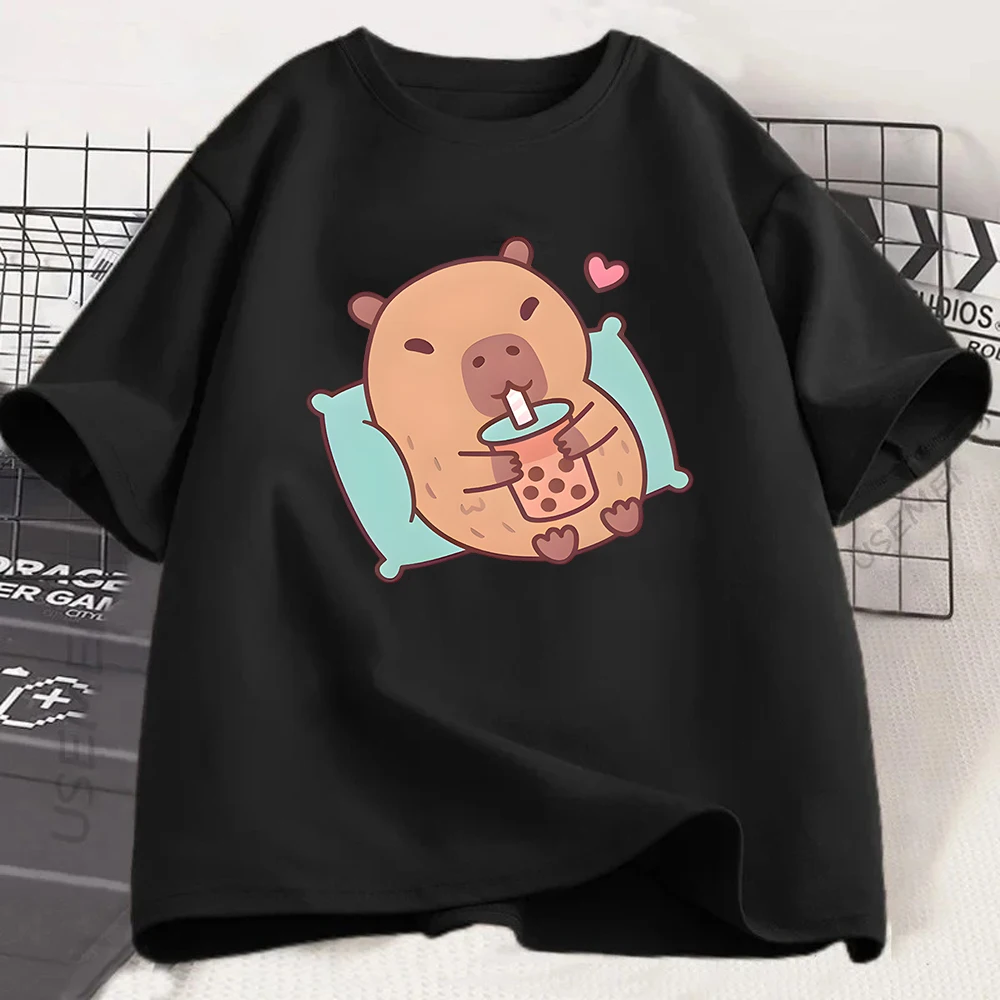 Funny Capybara Drinking Bubble Tea Graphic T-shirt Kawaii Boba Tea Print Tee Summer Short Sleeve Casual Fashion Top Women