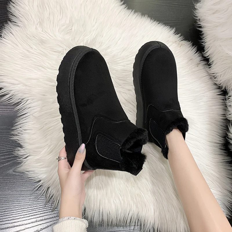 2024 Winter Frauen Kurze Plüsch Warme Schnee Stiefel Casual Schuhe Neue Wildleder Pelz Chelsea Stiefeletten Wohnungen Plattform Damen Schuhe botas