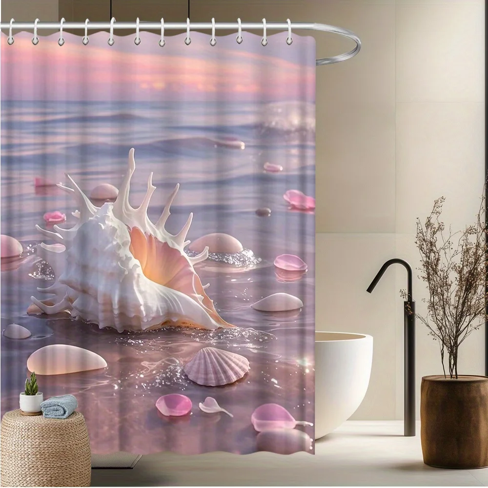 

Conch Shell Shower Curtain - Fade-Resistant Polyester, Ocean Waves & Pink Accents, 12 Hooks,Machine Washable, Coastal Home Decor