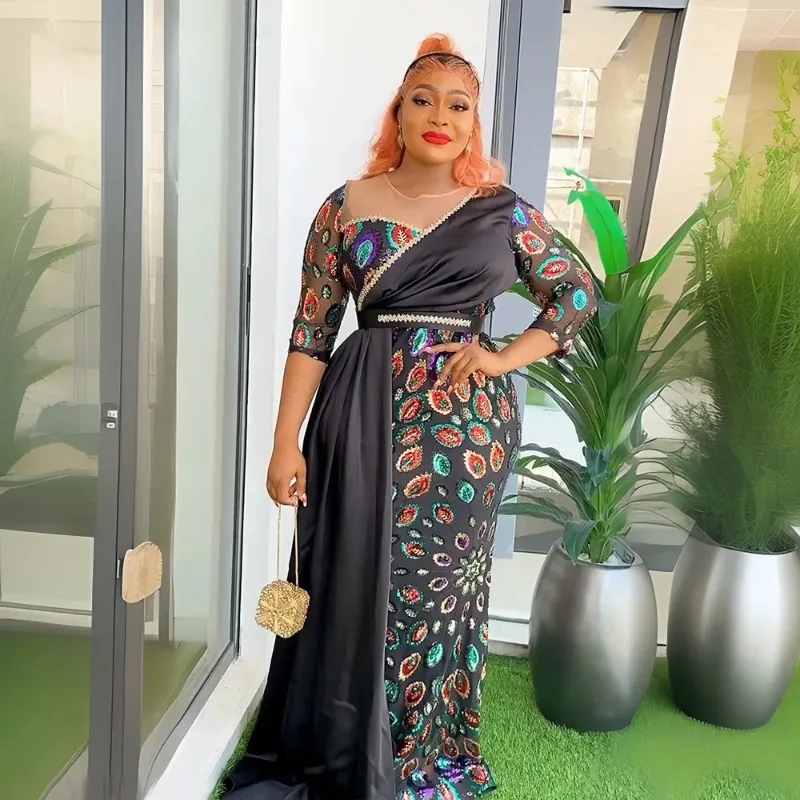 

Plus Size African Party Dresses for Sequin Women 2024 New Fashion Dashiki Ankara Wedding Gowns Turkey Muslim Maxi Dress Clothing