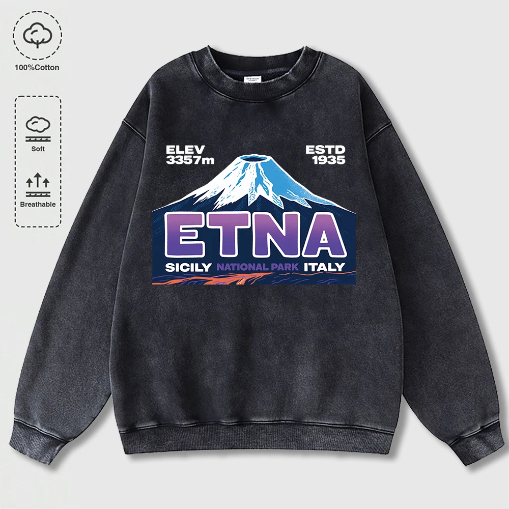 Etna Sicily National Park Italy Prints Washed Sweatshirt Womens Cotton Hoodie Autumn Warm Crewneck Tops Street Oversized Clothes