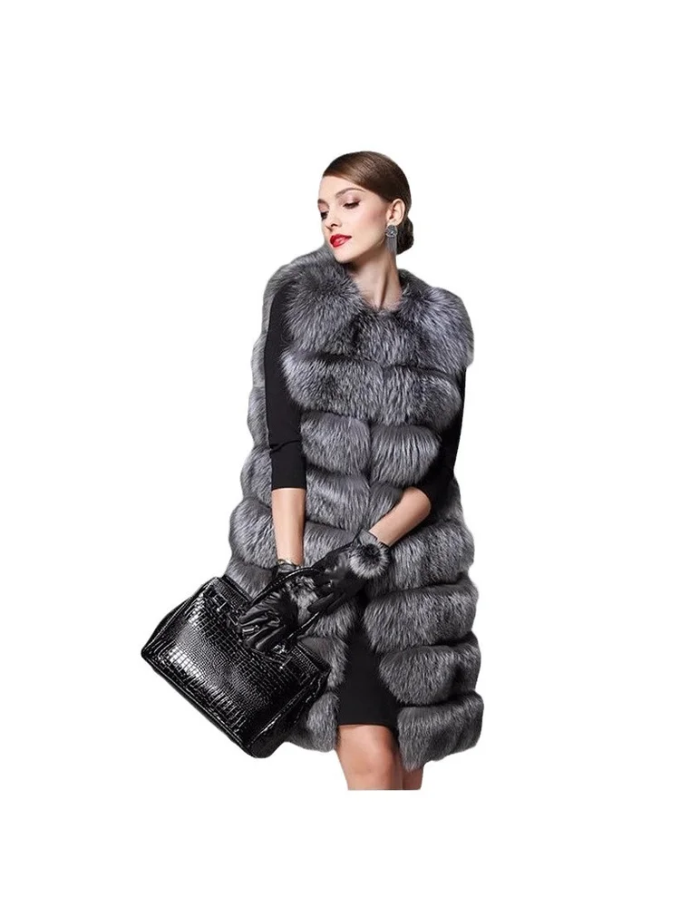 Winter ärmellose Kunstpelz elegante graue klassische Mode Charme Patchwork grau bequeme exquisite Pendeln lange Weste Jacke