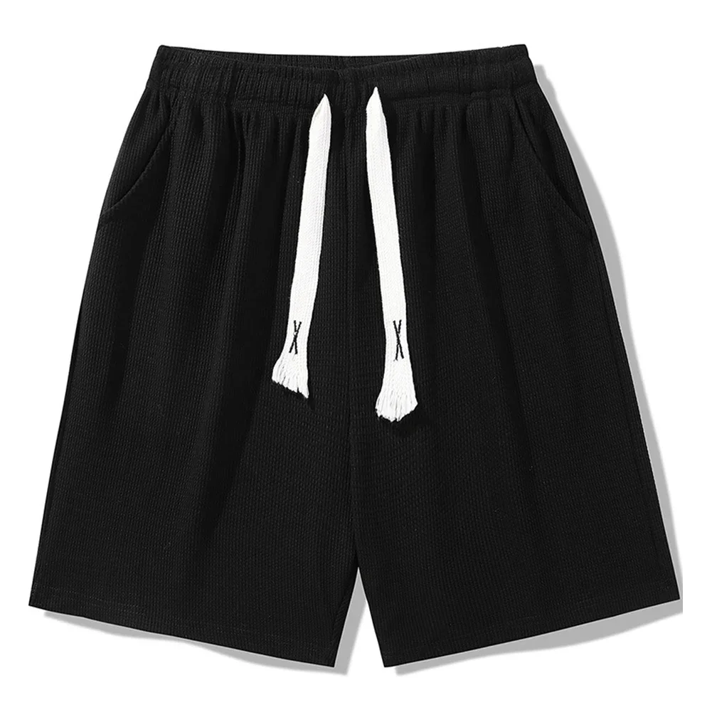 Men Waffle Korean Drawstring Sports Shorts Thin Five Quarter All-match Pants
